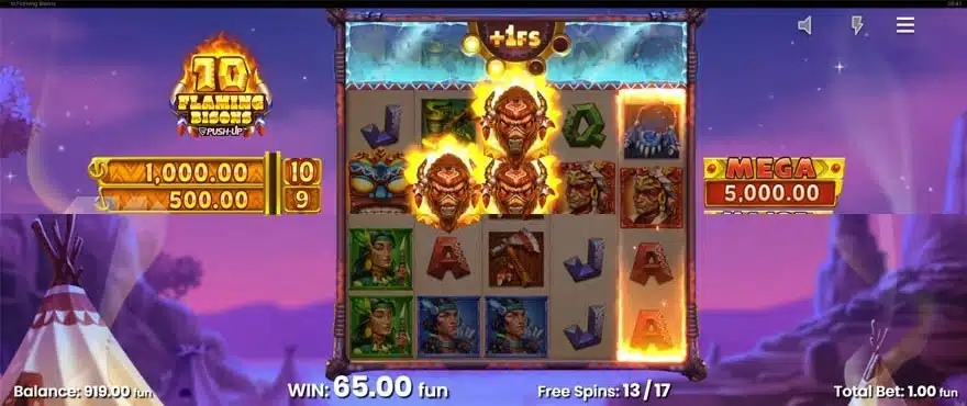 10 Flaming Bisons Free Spins round with expanding grid and totem symbols