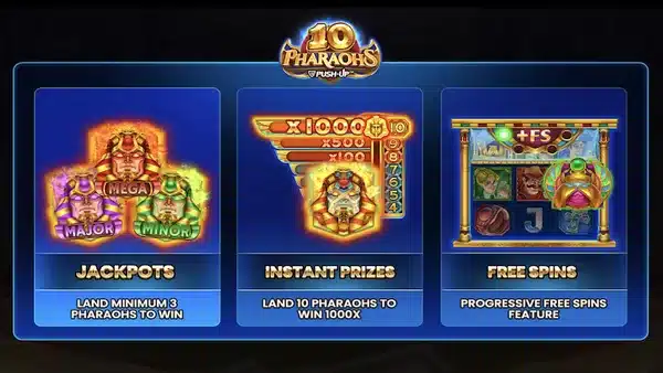 10 Pharaohs bonus features panel showing the jackpots, instant prizes and free spins mechanics