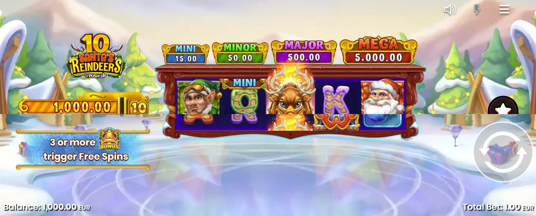 10 Santa's Reindeers base game showing the reel set and jackpot tiers