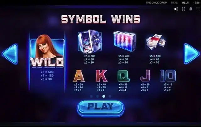 100K Drop paytable showing the cash symbol values