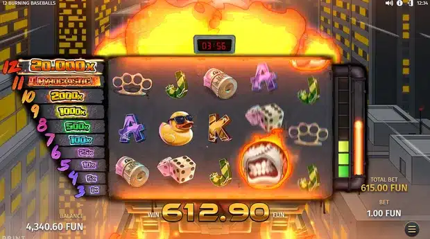 12 Burning Baseballs Blazing Train Bonus showing the Pyroclastic difficulty tier and countdown timer