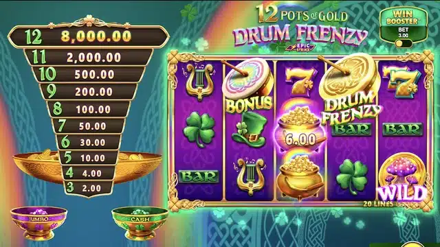 12 Pots of Gold Drum Frenzy base game showing the Epic Strike ladder and Bonus and Drum Frenzy symbols