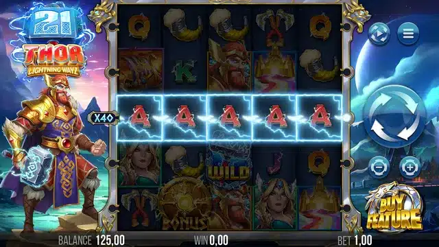 21 Thor Lightning Ways base game showing an active Lightning Way multiplier line and the Buy Feature button