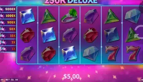 250K Deluxe slot screenshot showing the 6x3 gemstone reel grid and crown prize ladder
