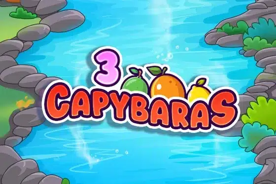 3 Capybaras slot title screen showing the game logo over its pastel blue water background