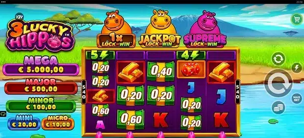 3 Lucky Hippos gameplay screenshot, PearFiction Studios flagship LockNWin slot