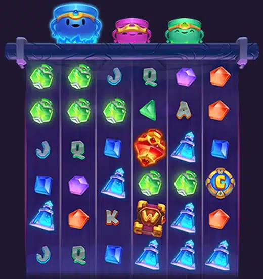 3 Magic Pots Magic Reels Free Spins showing the expanded grid with a Wild symbol and Enchanted Collector active