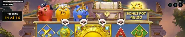 3 Pigs Of Olympus Bonus Pot free spins round showing the Bonus Pot total and an active x3 multiplier