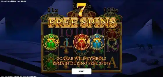 3 Scarabs Of Fortune Free Spins feature with all three Scarab Wild symbols locked on the reels