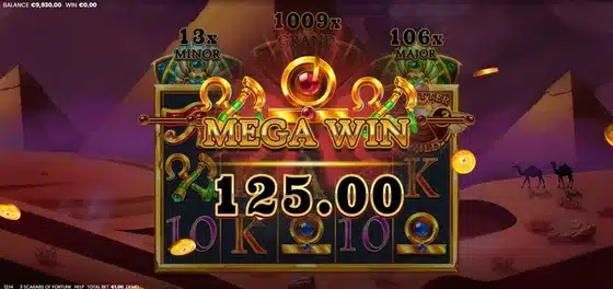 3 Scarabs Of Fortune Mega Win celebration screen during a bonus round