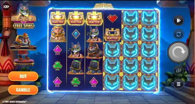3 Tiny Gods Bonanza slot gameplay screenshot showing the 6x5 rolling reels grid and scatter symbols