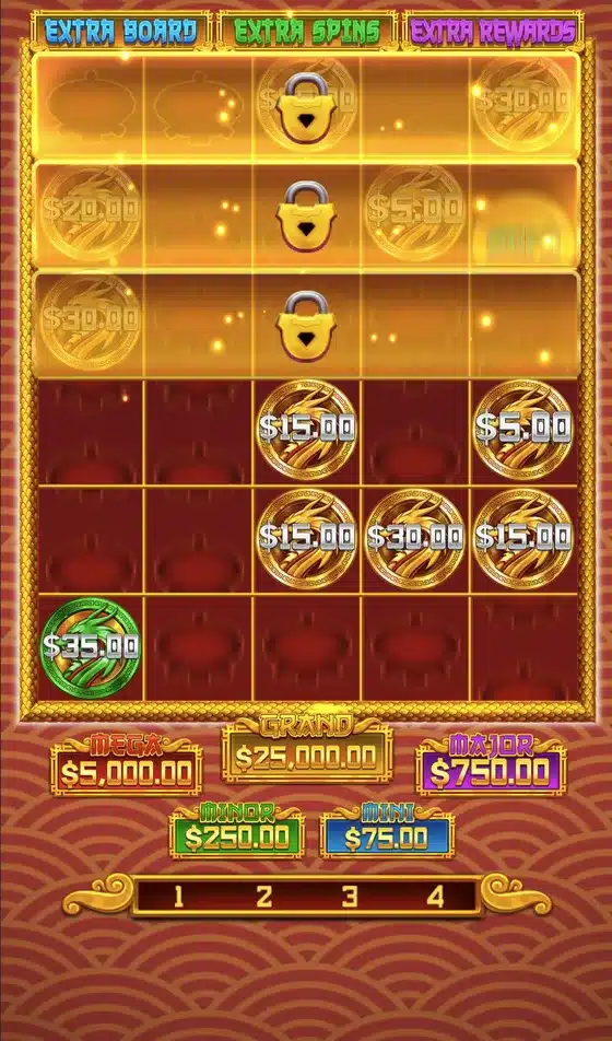 4 Dragon Pots gameplay screenshot showing the Hold and Win bonus round with Extra Board, Extra Spins and Extra Rewards pots