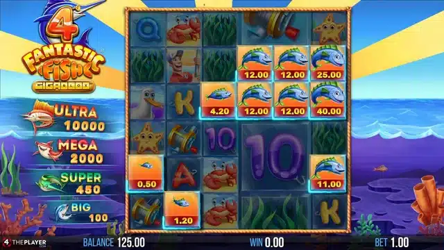 4 Fantastic Fish Gigablox base game showing Cash Prize fish symbols and the Big, Super, Mega and Ultra prize ladder