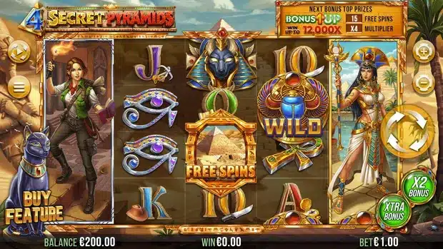 4 Secret Pyramids slot gameplay screenshot showing the 5x4 grid, WILD scarab symbol and Free Spins pyramid scatter