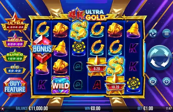4K Ultra Gold slot screenshot showing the 6 reel 4 row grid with gold cash symbols, a wild diamond and the four Fortune Prize tiers