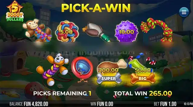 5 Doggy Dollars Pick-A-Win Feature showing concealed prize picks worth up to 5,000x stake