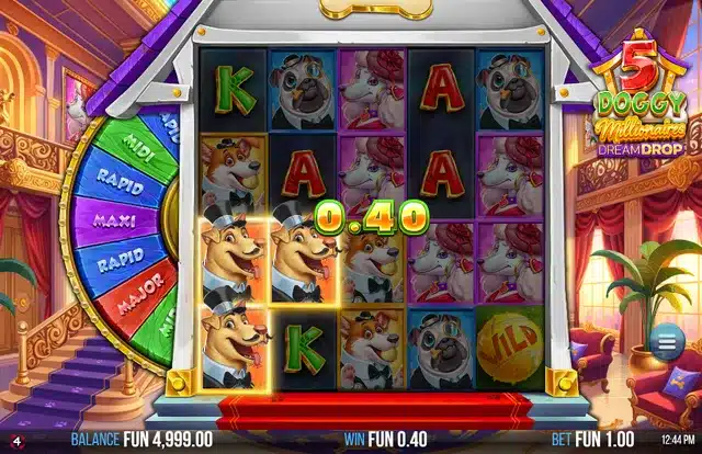 5 Doggy Millionaires Dream Drop base game showing a winning combination of three corgi symbols highlighted with a 0.40 win value next to the Dream Drop jackpot wheel