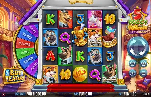 5 Doggy Millionaires Dream Drop base game showing dog symbols in tuxedos and dresses, card values, the gold Wild ball, the Respin trophy scatter, a Collect symbol and the Dream Drop jackpot wheel with Rapid Midi Maxi Major segments down the left side