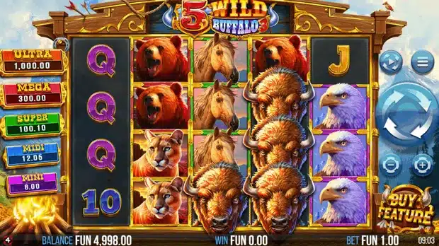 5 Wild Buffalo 3 slot base game screenshot showing the 5x4 grid with bear, horse, cougar, eagle, buffalo and wild symbols