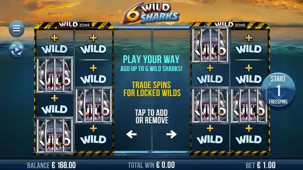 6 Wild Sharks WILD CHOICE screen letting the player add or remove locked wild sharks in the Wild Zones before starting free spins