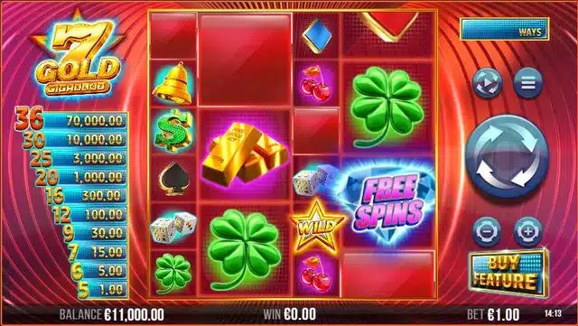 7 Gold Gigablox base game showing the 6x6 grid, gold bar and dollar sign cash symbols, a wild star and the win ladder running up to 70,000x