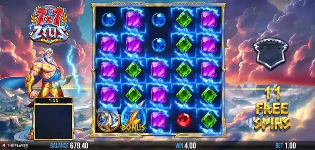 7x7 Zeus Divine Free Spins with an expanded grid and gold multiplier symbols