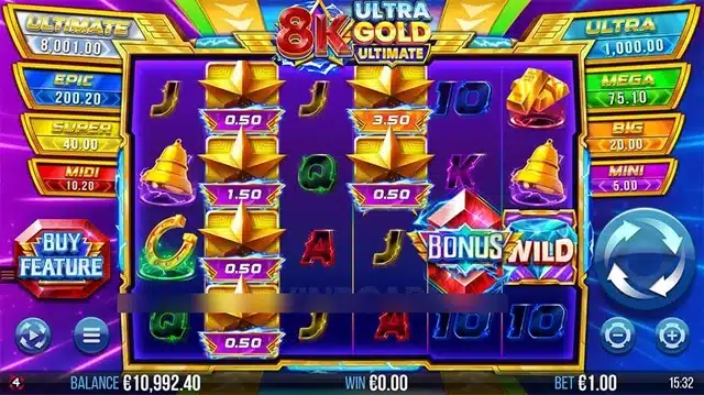 8K Ultra Gold Ultimate base game showing Cash Prize symbols and the eight Fortune Prize tiers