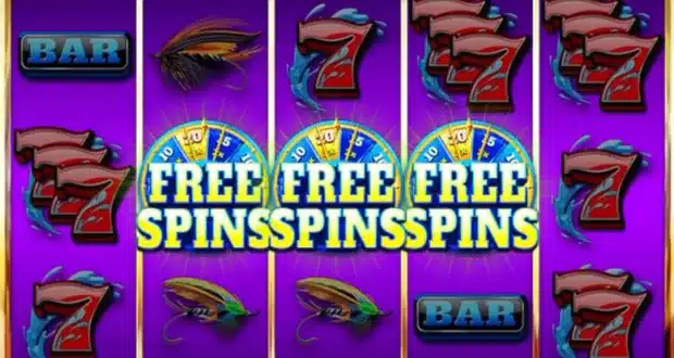 9 Bass slot Free Spins bonus triggering with three Free Spins wheel scatter symbols landed on reels 2, 3 and 4
