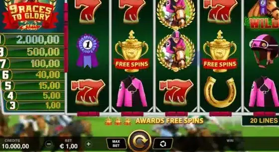 9 Races to Glory slot base game screenshot showing the 5x3 grid with sevens, jockey silks, horseshoe and rosette symbols beside the trophy free spins scatter