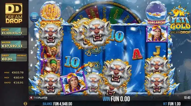 9K Yeti Gold Dream Drop Snowstorm feature triggered during free spins, showing clustered yeti wild symbols across the reels