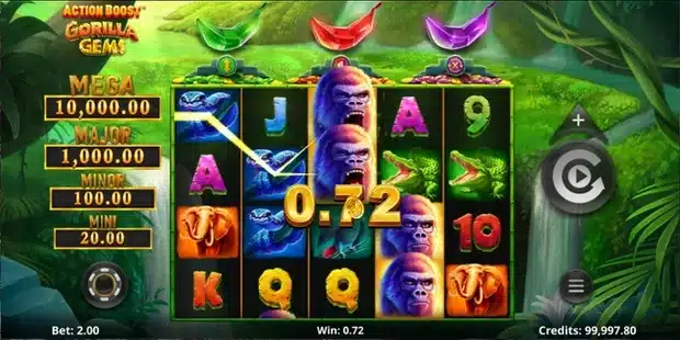 Action Boost Gorilla Gems slot base game screenshot showing the 5x4 grid with card symbols, an elephant symbol, the gorilla Wild stacked on reel three, and the green, red and purple Banana Gem meters above the reels