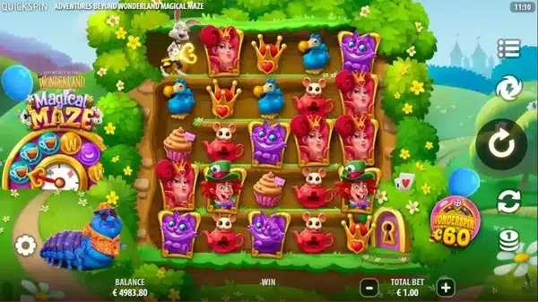Adventures Beyond Wonderland Magical Maze slot screenshot showing the 5x5 grid, White Rabbit and Power-Up wheel