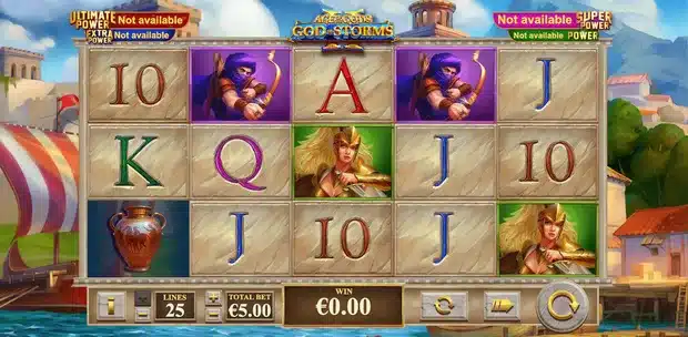 Age Of The Gods God Of Storms 2 base game screenshot showing the 5x3 reel grid, 25 paylines and the Spartan warrior, archer and vase symbols