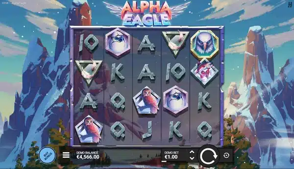 Alpha Eagle slot screenshot showing the transparent reels over a snowy mountain backdrop