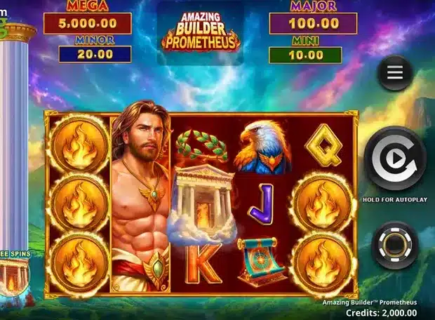 Amazing Builder Prometheus slot base game screenshot showing the 5x3 reels with fire-coin, eagle, laurel wreath and Prometheus wild symbols