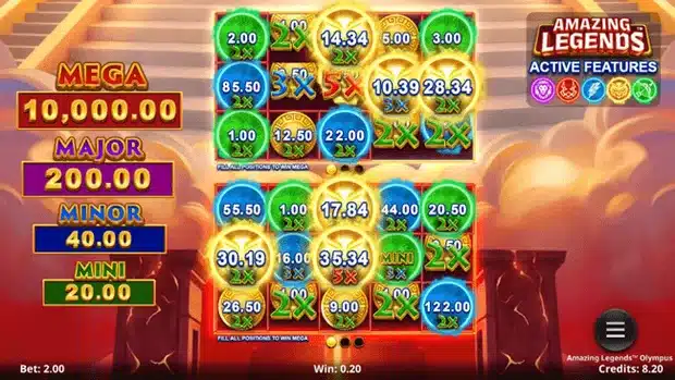 Amazing Legends Olympus Amazing Legends bonus round showing two independent reel sets from the Hades feature, locked cash prize coins and 2x, 3x and 5x position multipliers from Hercules