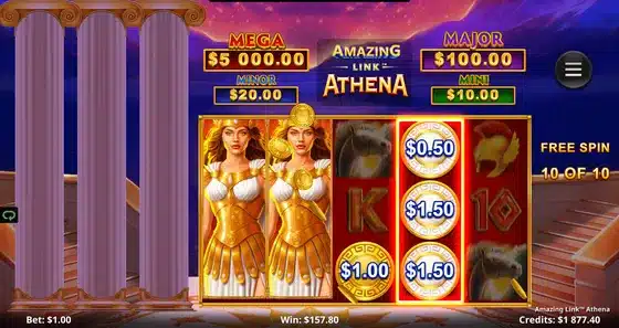 Amazing Link Athena free spins feature showing the Athena wild reel expanded across the grid