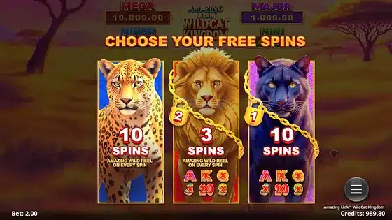 Amazing Link Wildcat Kingdom free spins selection screen offering Leopard 10 spins, Lion 3 spins and Panther 10 spins