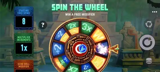 Amazon Lost Gold Bonus Wheel screen showing the starting free spins, multiplier increments and Echo Roll modifier panels beside the wheel