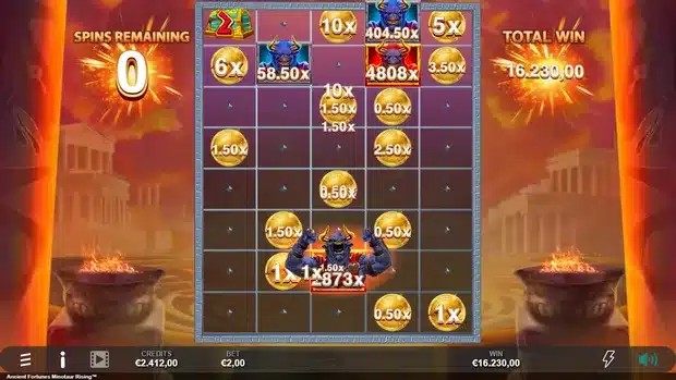 Ancient Fortunes Minotaur Rising Ultra Link and Win round on an eight row grid with gold coin values, a Minotaur collect symbol and a 16,230.00 total win