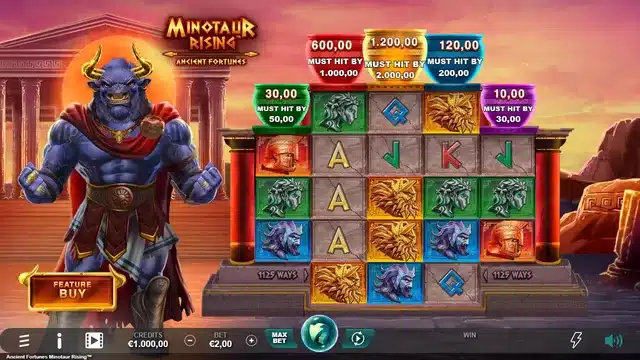 Ancient Fortunes Minotaur Rising base game showing the 3-5-5-5-3 grid, the five Rising Rewards jackpot pots and the Feature Buy plaque