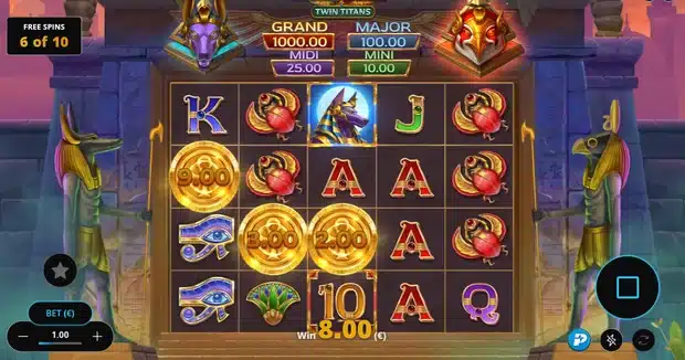 Anubis vs Horus Twin Titans Anubis free spins with the locked Anubis wild on reel 3 and gold cash coins worth 9.00, 3.00 and 2.00 on the reels