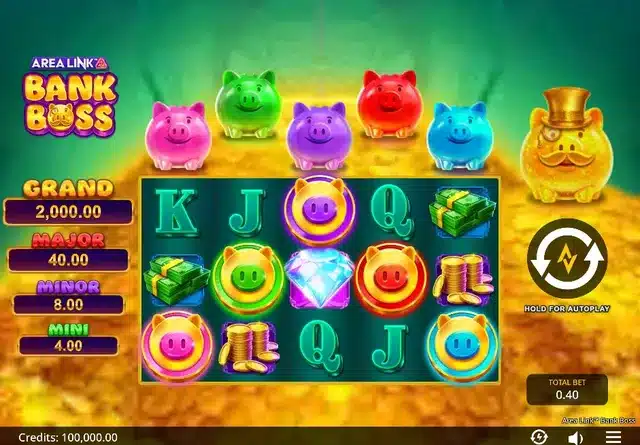 Area Link Bank Boss base game showing the five reel three row grid, coloured piggy coin symbols, the five piggy banks above the reels and the Mini, Minor, Major and Grand jackpot ladder