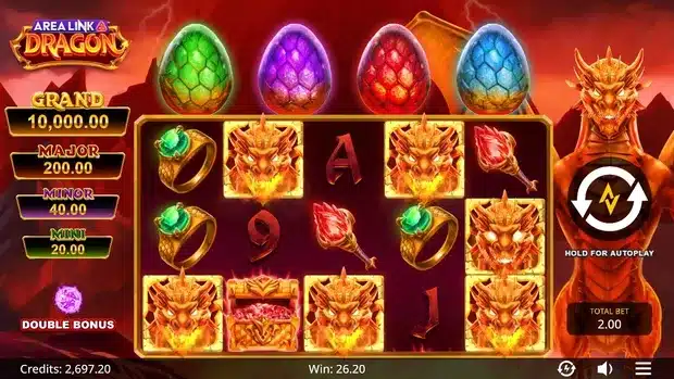 Area Link Dragon base game screenshot showing the green, purple, red and blue dragon eggs above the 5x3 reels, golden dragon head symbols and the Grand 10,000.00 jackpot ladder at a 2.00 total bet