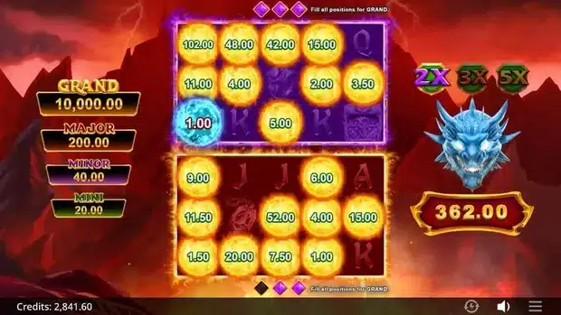 Area Link Dragon Area Link respin round with the purple second reel grid open, locked yellow fireball cash values, a blue fireball and the green 2X, 3X and 5X multiplier shields
