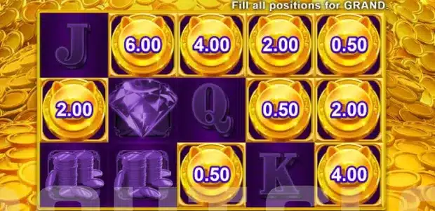 Area Link Piggy Bank Area Link respin grid with locked gold coins showing cash values of 6.00, 4.00, 2.00 and 0.50 and the Fill all positions for GRAND prompt