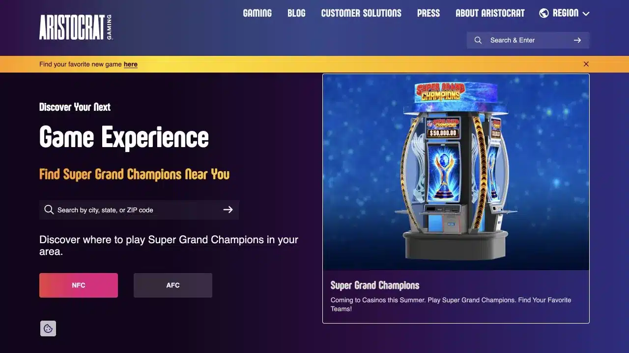 Aristocrat Gaming official homepage showing its current gaming product presentation, checked July 2026