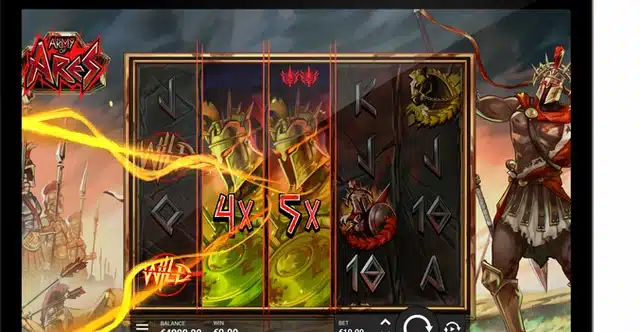 Army Of Ares slot screenshot showing the Wrath Reel feature with 4x and 5x multipliers