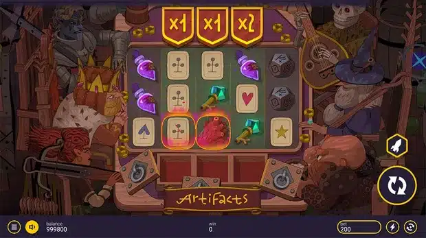 Artifacts slot base game showing three multiplier shields reading x1, x1 and x2 above the 5x3 grid, two symbols ringed in orange on the bottom row and three closed wooden feature crates below the reels