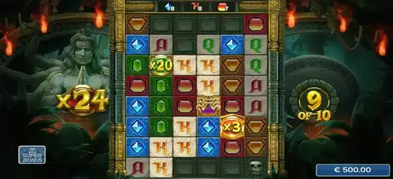 Ashoka slot Free Drops bonus screenshot with an x24 running multiplier, x20 and x3 multiplier orbs and a 9 of 10 drop counter